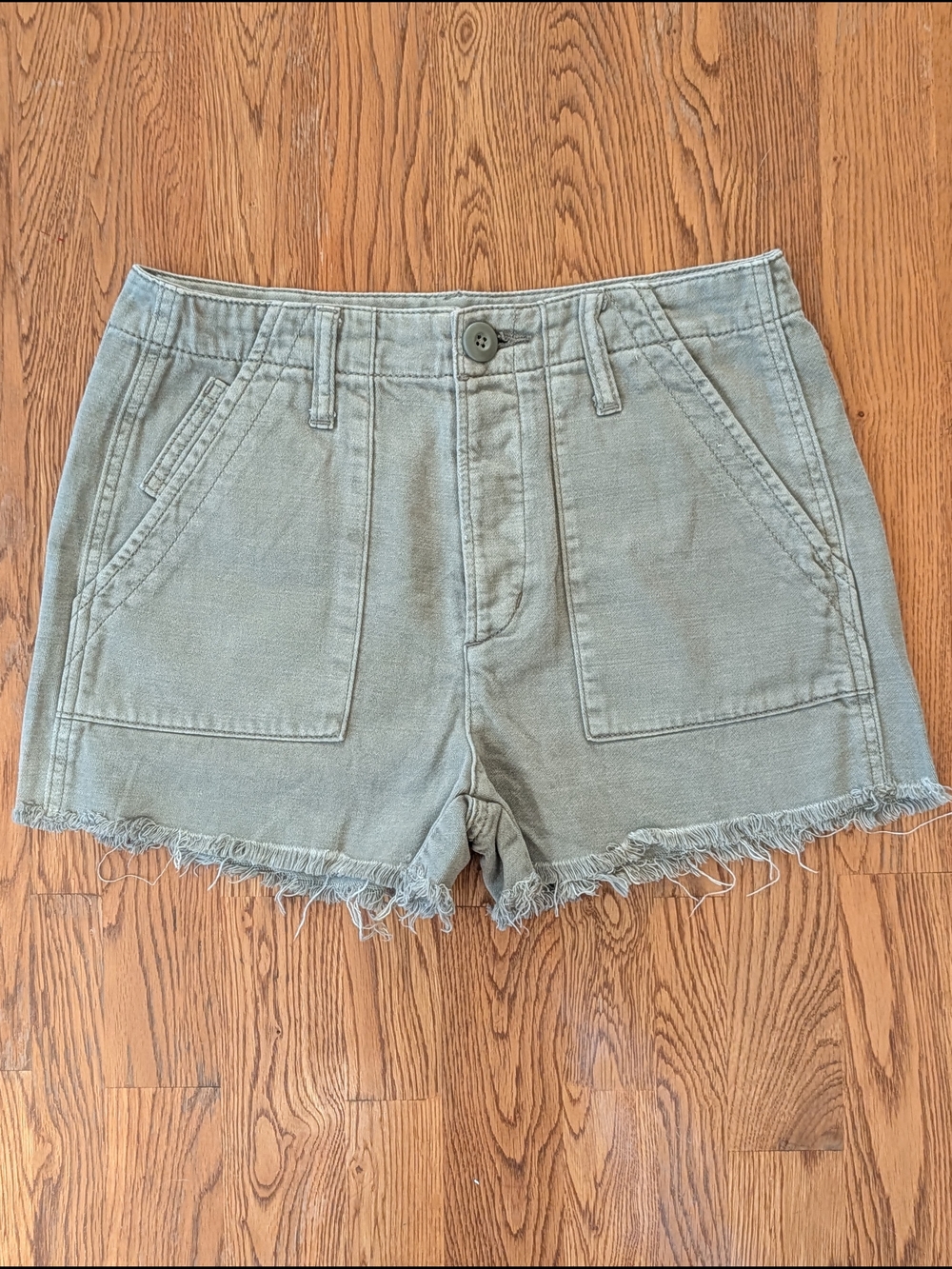 American Eagle Sage Olive Green Raw Hem Button Fly Cotton Shorts